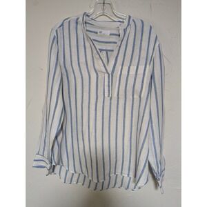 Gap Women's Popover Tunic M Blue and Yellow Stripe‎ 100% Linen